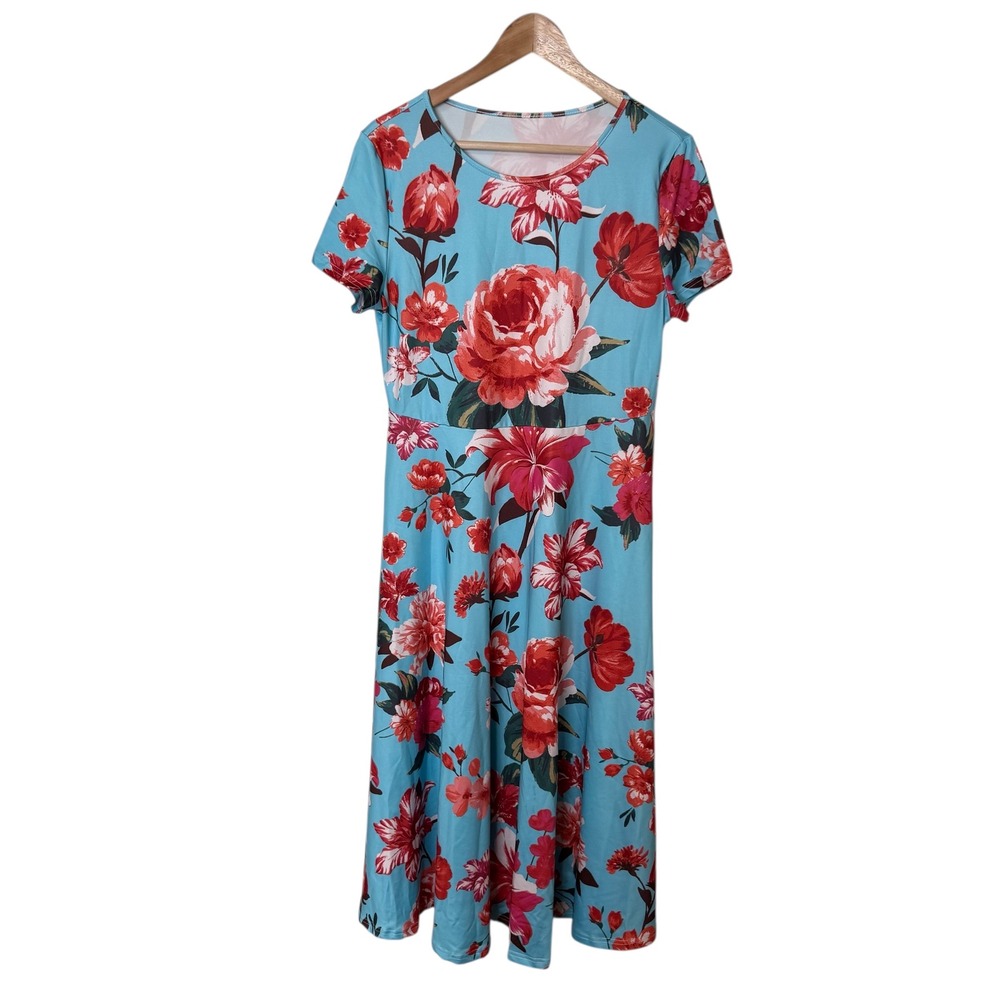 SHEIN Blue Floral Midi Dress Women's Size L‎ Short Sleeve A-Line